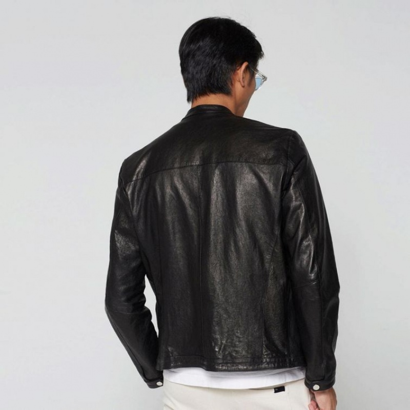 Black A.S.98 Leather Kurt Men's Jackets | CA-QWTVZ-2976