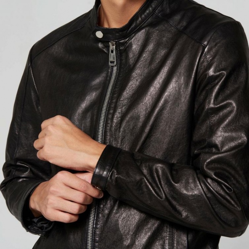 Black A.S.98 Leather Kurt Men's Jackets | CA-QWTVZ-2976