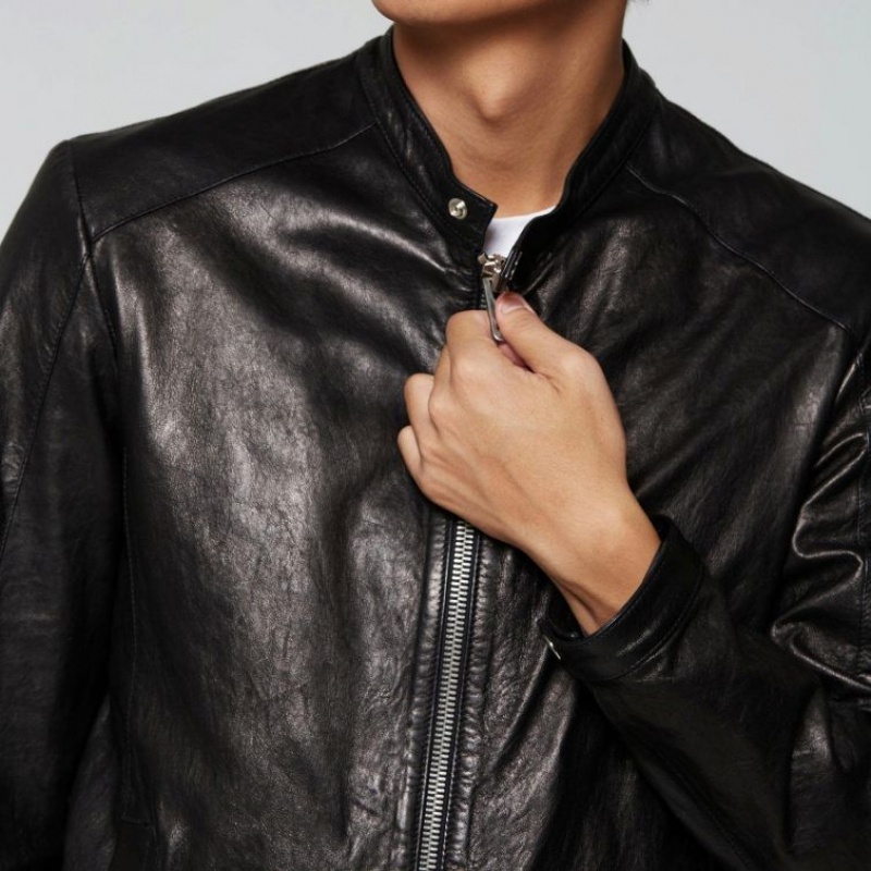 Black A.S.98 Leather Kurt Men's Jackets | CA-QWTVZ-2976