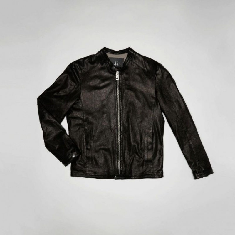 Black A.S.98 Leather Kurt Men's Jackets | CA-QWTVZ-2976